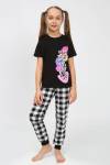91240 Пижама для девочки (футболка, брюки) (Черный/черная клетка) - Лазар-Текс