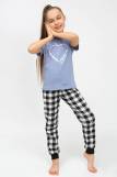 91241 Пижама для девочки (футболка, брюки) (Голубой/черная клетка) (Фото 1)