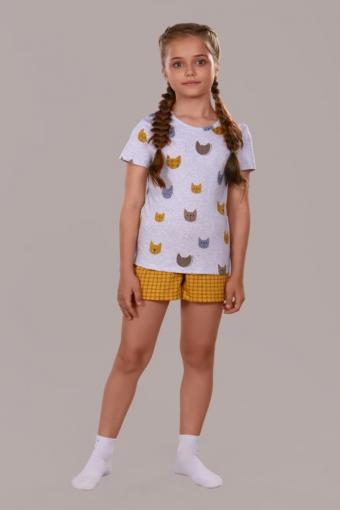 Пижама для девочки Кошки арт.ПД-009-024 (Серый меланж/горчичный) - Лазар-Текс