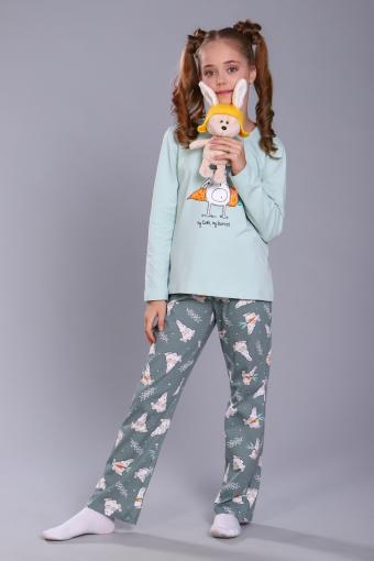 Пижама для девочки Зайцы-морковки арт. ПД-15-048 (Ментол/зеленый) - Лазар-Текс