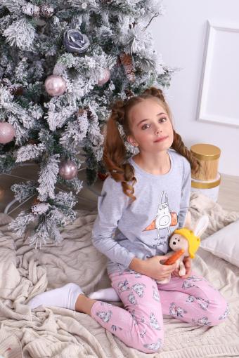 Пижама для девочки Зайцы-морковки арт. ПД-15-048 (Серый меланж/розовый) - Лазар-Текс