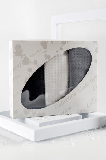 Набор вафельных полотенец в подарочном коробе (Графит, белый, серый) - Лазар-Текс