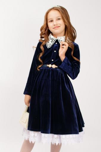 Платье бархатное для девочки со съемным воротником SP0061 (Темно-синий) - Лазар-Текс