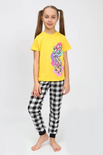 91240 Пижама для девочки (футболка, брюки) (Желтый/черная клетка) - Лазар-Текс