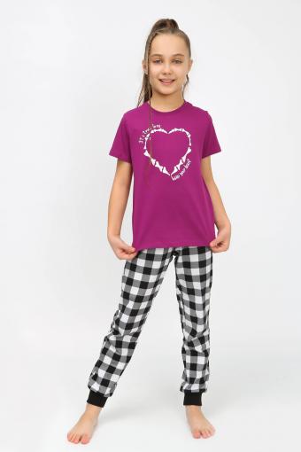 91241 Пижама для девочки (футболка, брюки) (Пурпурный/черная клетка) - Лазар-Текс