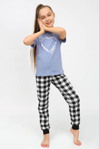 91241 Пижама для девочки (футболка, брюки) (Голубой/черная клетка) - Лазар-Текс