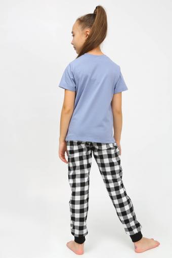 91241 Пижама для девочки (футболка, брюки) (Голубой/черная клетка) (Фото 2)