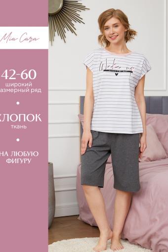 Комплект жен: фуфайка (футболка), шорты Mia Cara SS23WJ354 Sweety Wink темно-серый меланж/полоска (Темно-серый меланж/полоска) - Лазар-Текс