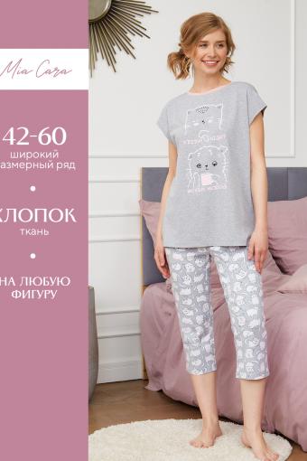 Комплект жен: фуфайка (футболка), брюки укороченные (бриджи) Mia Cara SS23WJ353 Sweety Wink (Серый меланж/кошка) - Лазар-Текс