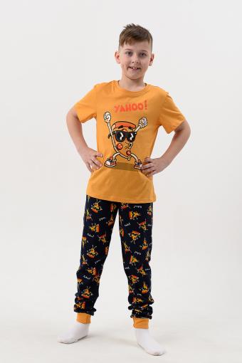 Пижама Пицца детская короткий рукав с брюками (Горчичный-т.синий) - Лазар-Текс